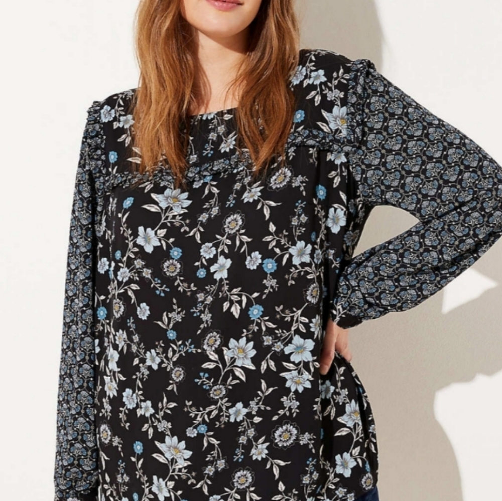 Loft NWT Moody Floral Prairie Peasant Popover ruffle yoke long sleeve top XXLP